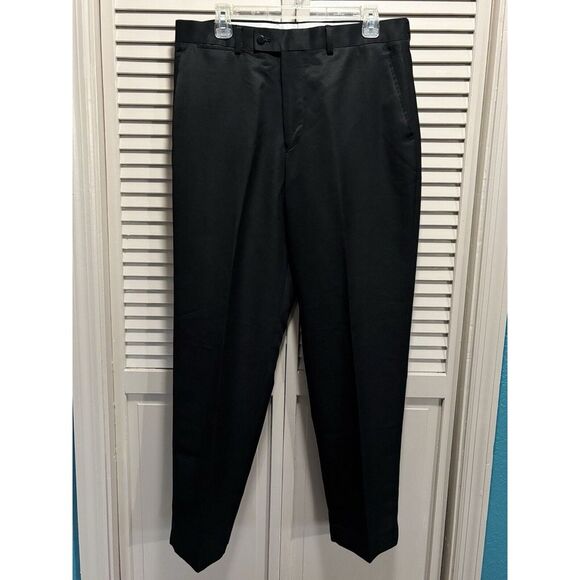 Louis Raphael Black Trouser Straight Leg Flat Front‎ Pant Size 34x30 Wool Zip - Picture 1 of 9
